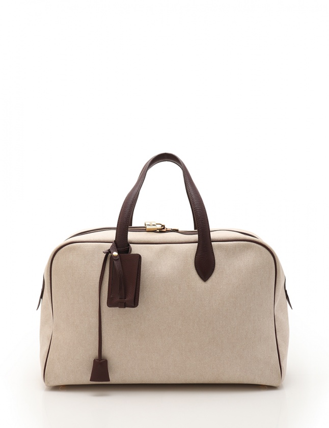 エルメス HERMES ボストンバッグ ヴィクトリア43 アイボリー 茶 トワル  