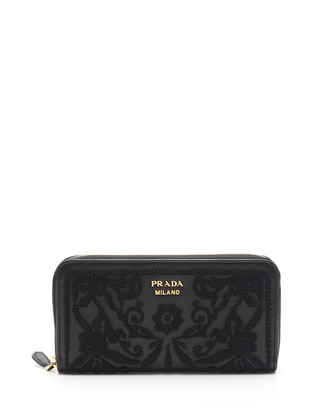 プラダ PRADA ラウンドファスナー長財布 黒 小物 レザー コットン 