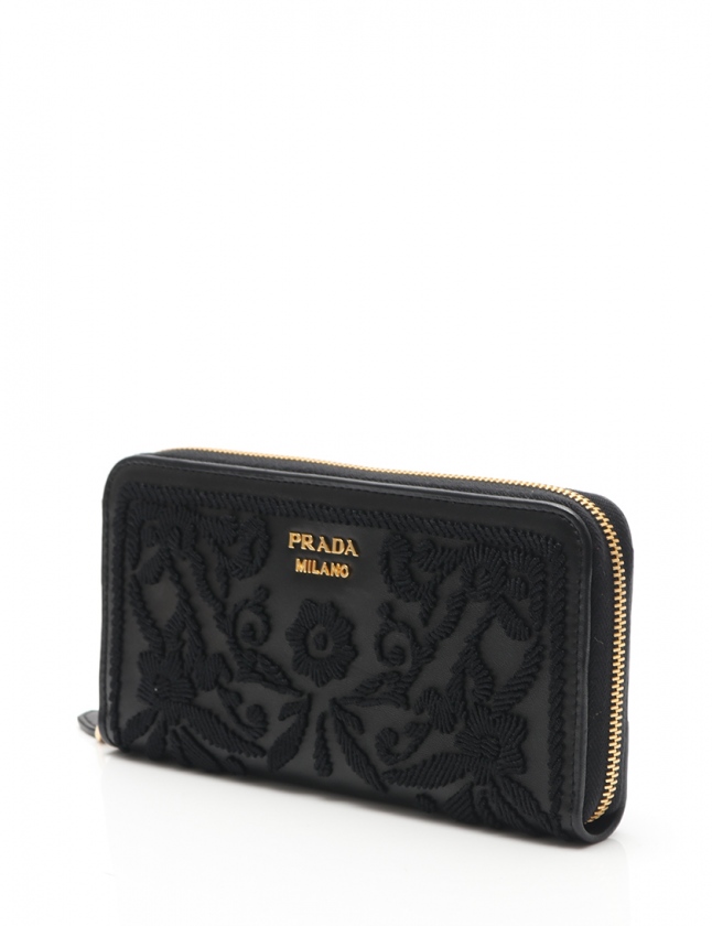 プラダ PRADA ラウンドファスナー長財布 黒 小物 レザー コットン 