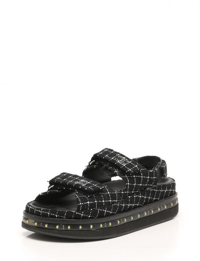 シャネル CHANEL ツイードサンダル ココマーク 黒 白 39 シューズ 26cm  