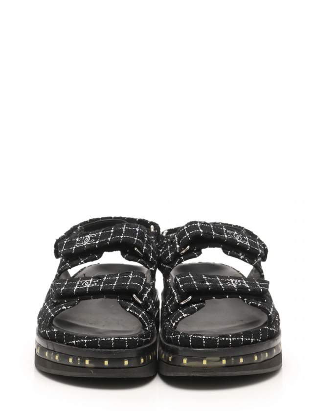 シャネル CHANEL ツイードサンダル ココマーク 黒 白 39 シューズ 26cm  