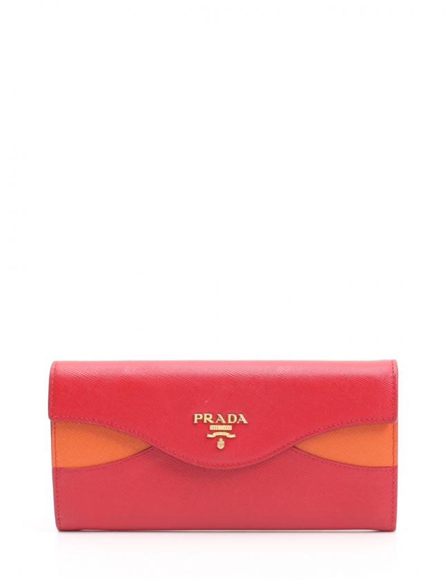 プラダ PRADA 二つ折り長財布 赤 オレンジ 小物 レザー バイカラー