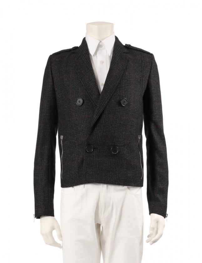 ディオールオム Dior HOMME ダブルジャケット ダークグレー 赤 44 アウター チェック S 7H3140900342 ウール ディオールオムDIOR homme レザーダブルライダースジャケット