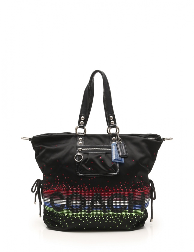 1円 COACH コーチ 13841 ポピーラインストーン エクストララージスポット サテン 2WAY ハンドバッグ ショルダー ブラック系 B8653XQ 極美品☆COACH コーチ 13841 ポピーラインストーンエクストララージ