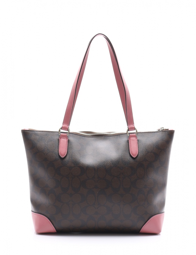 ま*様 【美品】 COACH F29208 トートバッグ ブラウン ピンク シグ コーチ COACH トートバッグ シグネチャー ダークブラウン ピンク
