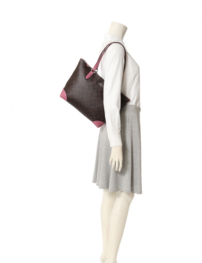 ま*様 【美品】 COACH F29208 トートバッグ ブラウン ピンク シグ コーチ COACH トートバッグ シグネチャー ダークブラウン ピンク