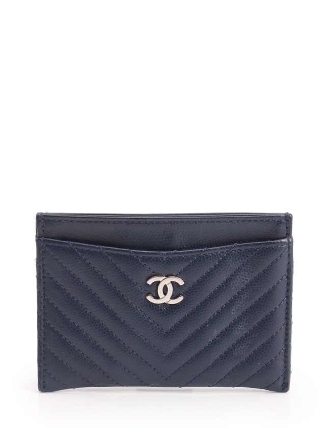 シャネル CHANEL カードケース Vステッチ ネイビー 小物 キャビア 