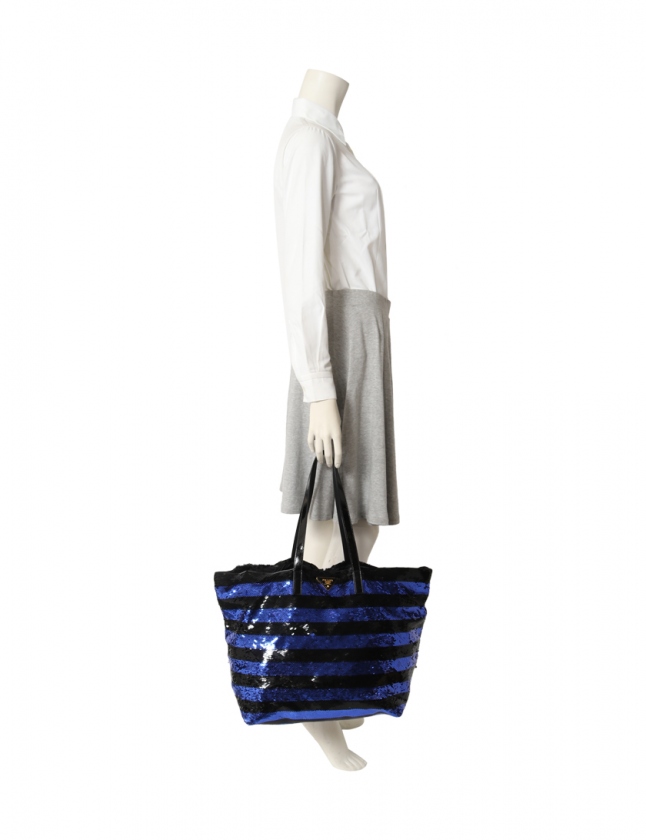 プラダ PRADA トートバッグ ボーダー パープルネイビー 黒 