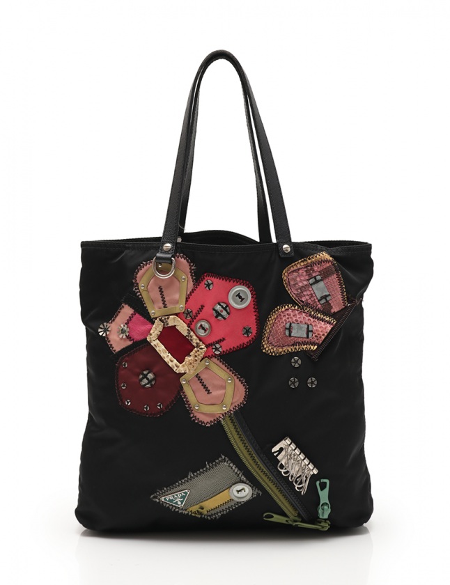 プラダ PRADA トートバッグ 黒 マルチカラー ナイロン レザー サテン 