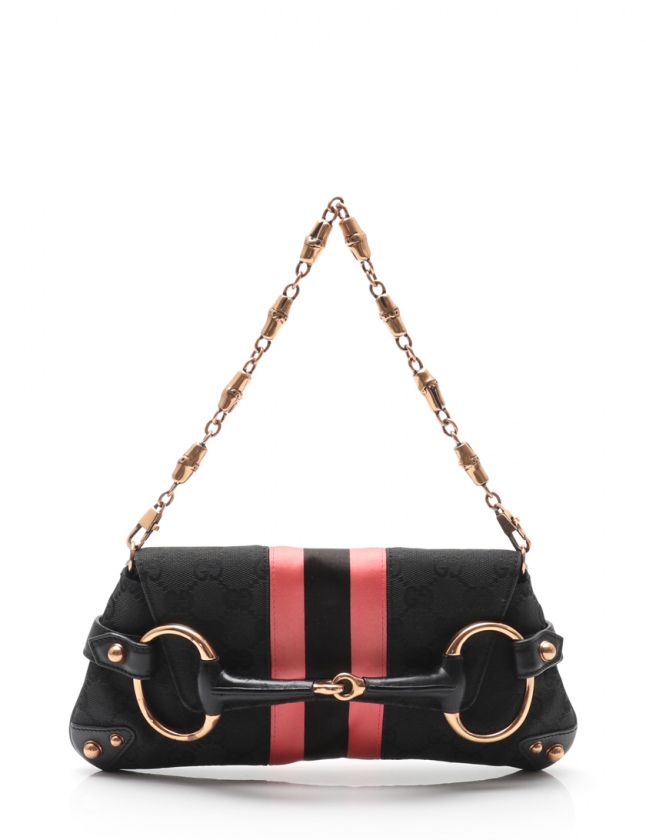 グッチ GUCCI チェーンショルダーバッグ GGキャンバス ホースビット 黒 