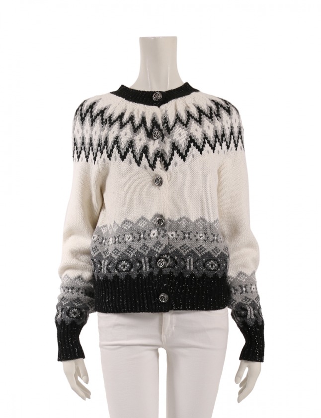 シャネル CHANEL カーディガン 白 黒 グレー 38 トップス 長袖 S