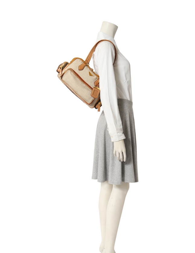 プラダ PRADA トートバッグ ベージュ 黄 茶 BR2521 キャンバス 