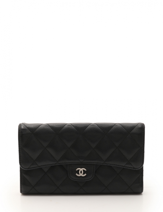 シャネル CHANEL 三つ折り長財布 マトラッセ 黒 小物 キャビアスキン 