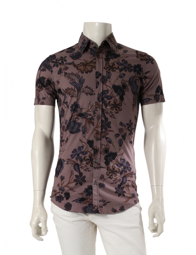 グッチ GUCCI スキニーシャツ 紫 38/15 トップス 半袖 花柄 S～M 