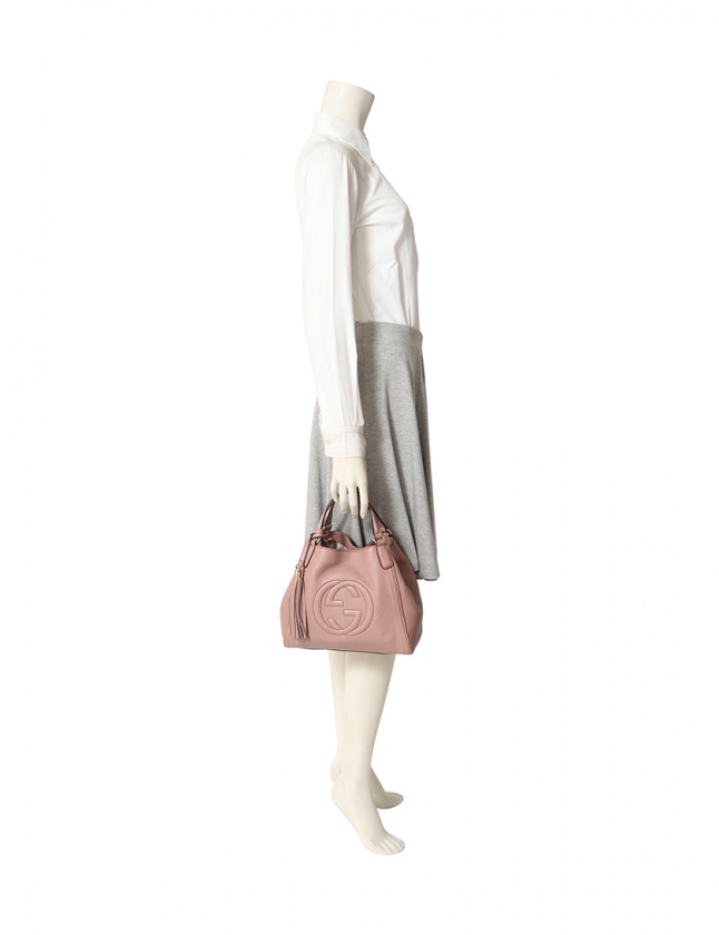 GUCCI ピンクベージュレザー ハンドバッグ タッセル付ショルダー
