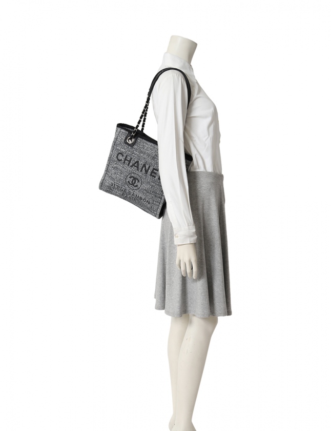 シャネル CHANEL チェーントートバッグ ドーヴィル グレー 黒 ツイード 