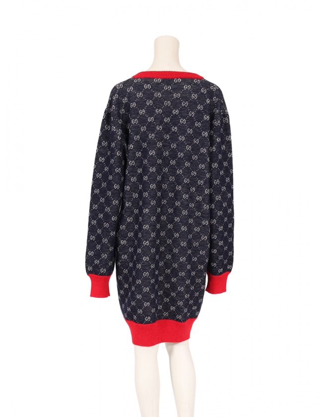 グッチ Gucci ワンピース ネイビー 赤 Xl 長袖 総柄 ウール レディース 114 ベクトルパーク