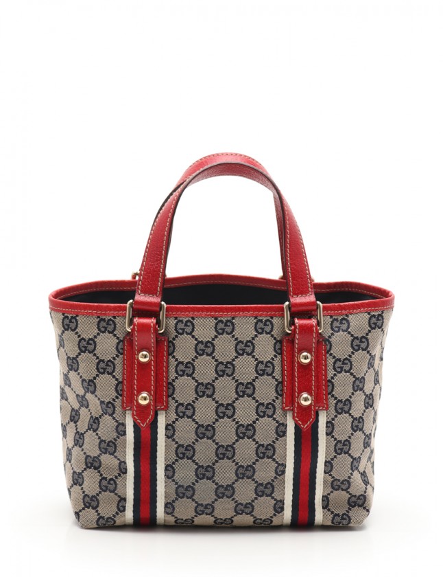グッチ GUCCI ミニトートバッグ GGキャンバス シェリー ネイビー 赤  