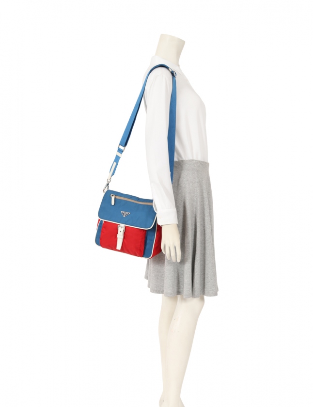 プラダ PRADA ショルダーバッグ 青 赤 白 ナイロン レザー 