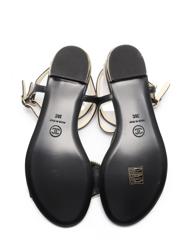 シャネル リボンパール サンダル ブラック 36 23cm シャネル CHANEL サンダル リボン 黒 36C シューズ 23cm レザー