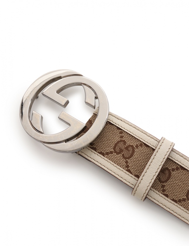 グッチ GUCCI ベルト インターロッキングG GGキャンバス ベージュ 白 