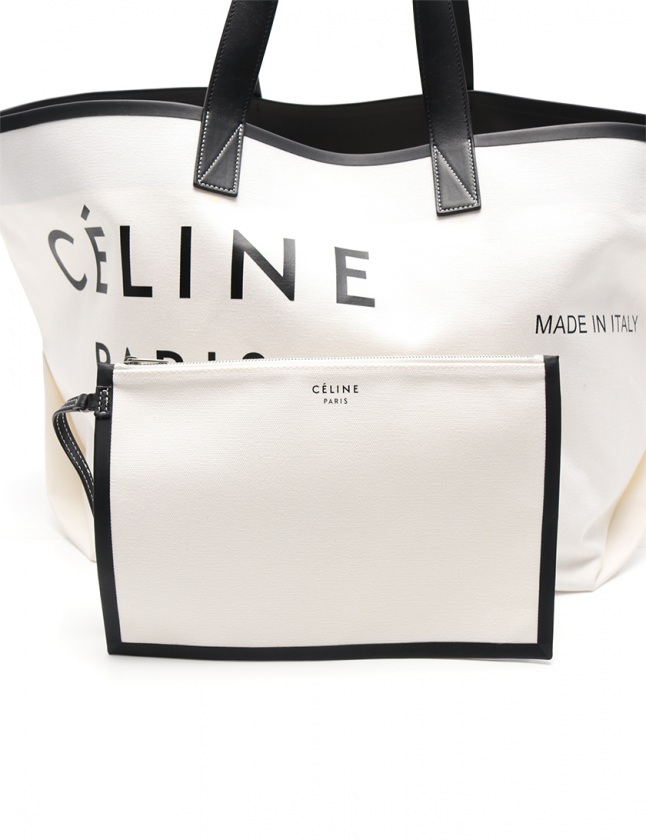 セリーヌ CELINE トートバッグ メイドイン 白 黒 キャンバス レザー 
