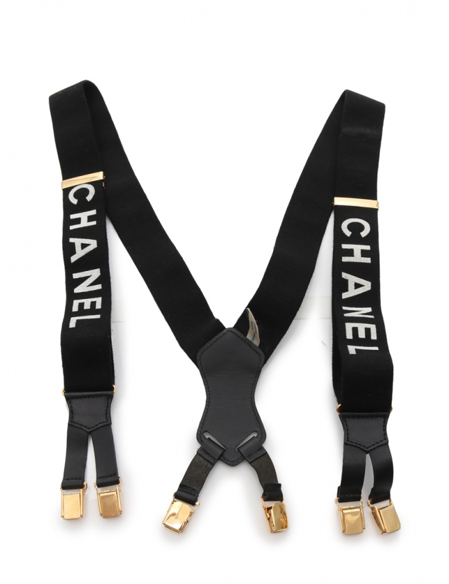 シャネル CHANEL サスペンダー 黒 小物 ロゴ ゴム レザー ゴールド金具 