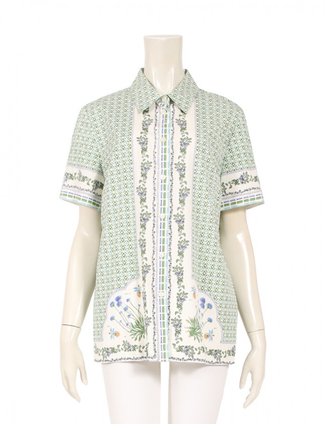 トリーバーチ TORY BURCH シャツブラウス 黄緑 白 青 14 トップス 半袖 