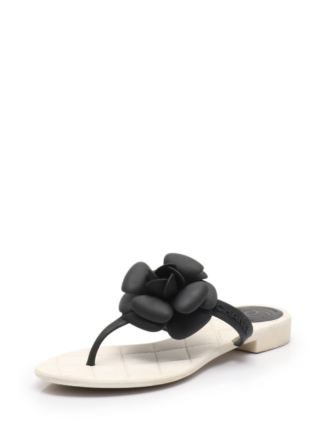 シャネル CHANEL トングサンダル カメリア 黒 アイボリー 36 シューズ  