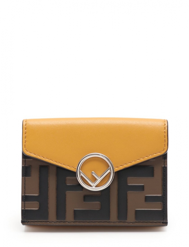 フェンディ FENDI 三つ折り財布 エフ イズ 黄 茶 小物 レザー