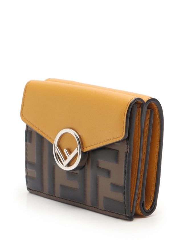 フェンディ FENDI 三つ折り財布 エフ イズ 黄 茶 小物 レザー 8M0395 F
