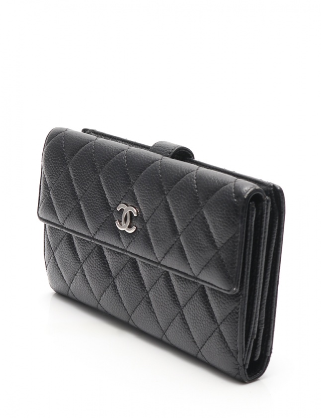 シャネル CHANEL Wホック 二つ折り長財布 マトラッセ 黒 小物 キャビア 