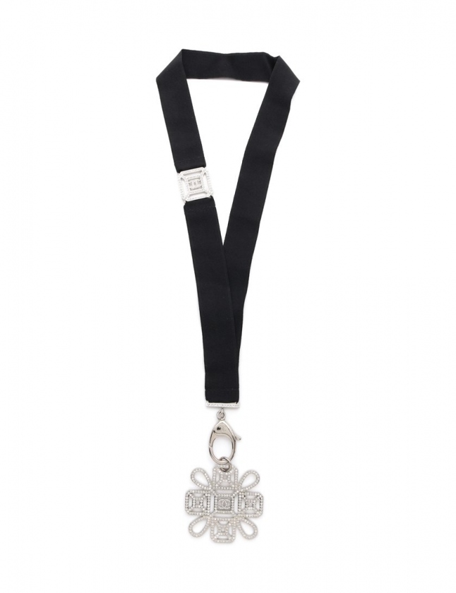 シャネル CHANEL ネックストラップ 黒 シルバー 小物 ラインストーン 