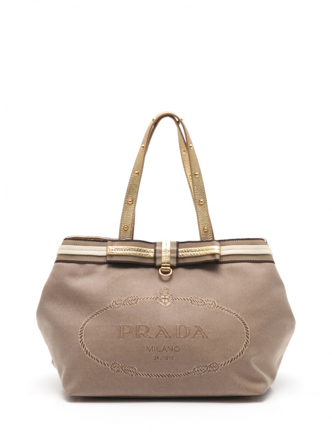 プラダ PRADA ハンドバッグ ロゴジャガード ベージュ ゴールド 