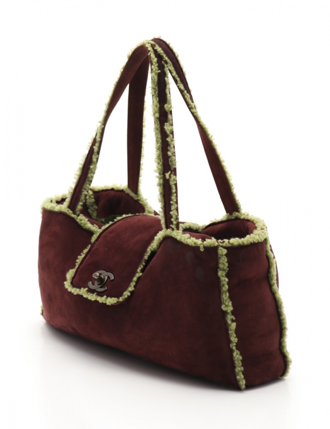 シャネル CHANEL ハンドバッグ ココマーク ダークブラウン 緑 ムートン