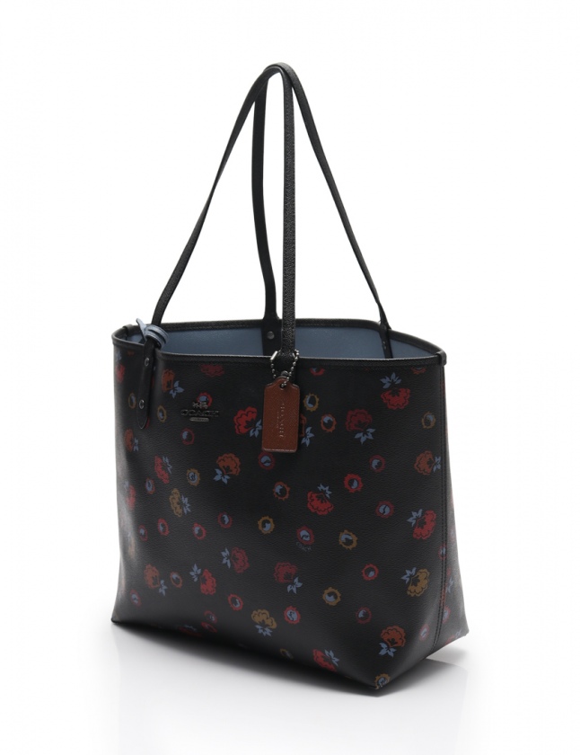 コーチ COACH トートバッグ 花柄 黒 水色 茶 マルチカラー