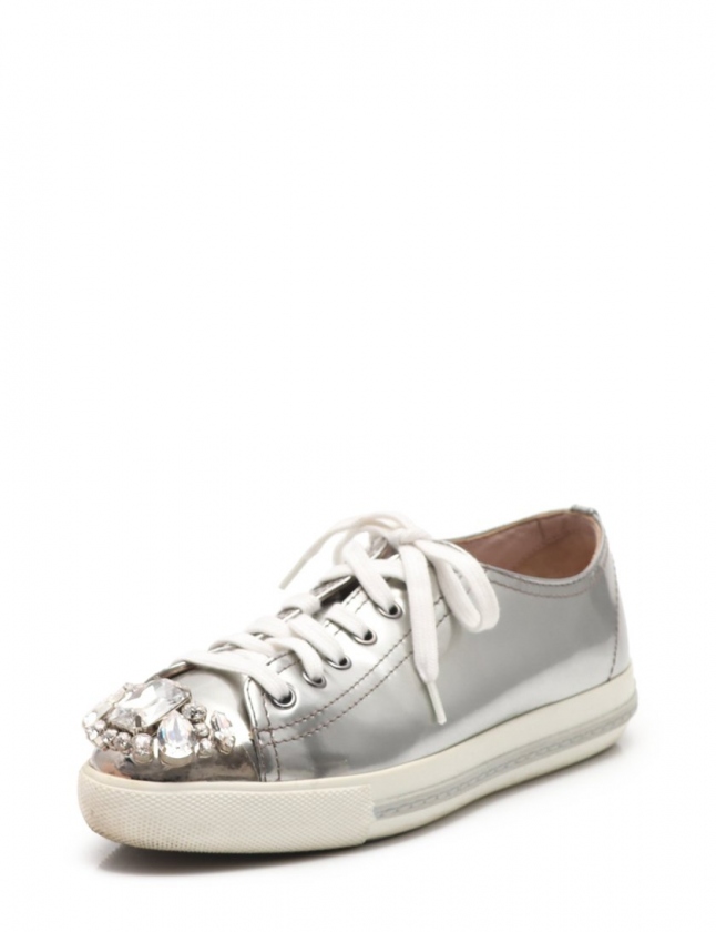 ミュウミュウ Miumiu ローカットスニーカー シルバー 36 シューズ 23cm 5e8557 レザー ビジュークリスタル レディース 114 ベクトルパーク