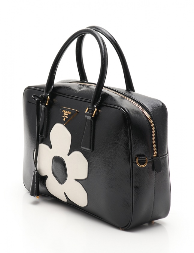 プラダ PRADA ハンドバッグ ショルダーバッグ 花 黒 BL095M