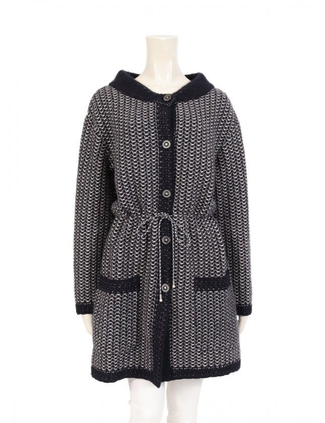 シャネル CHANEL ロングカーディガン ニットコート ネイビー グレー 白  