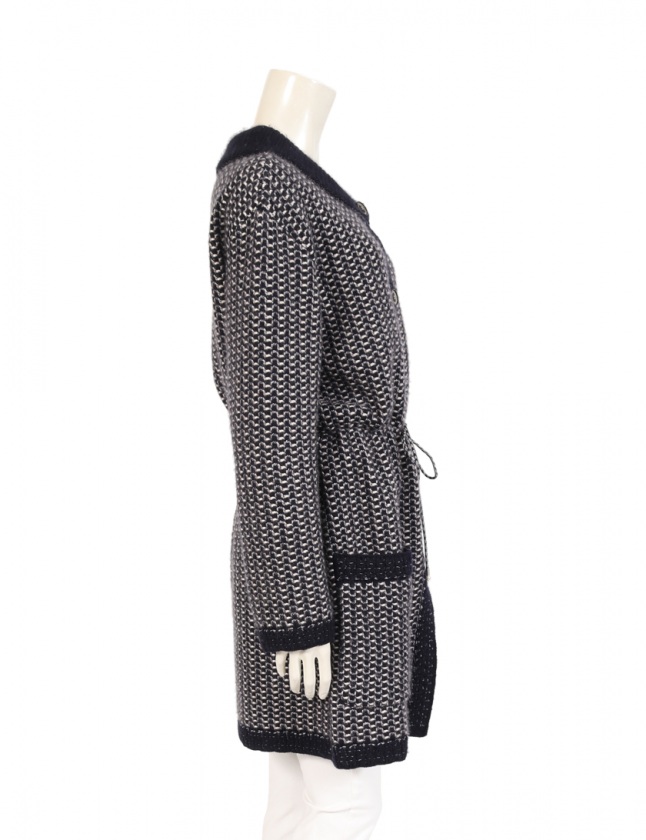 シャネル CHANEL ロングカーディガン ニットコート ネイビー グレー 白  