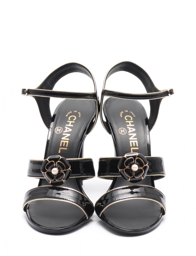 シャネル CHANEL サンダル ヒール カメリア 黒 38 シューズ 24.5cm 