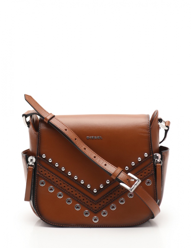 ディーゼル DIESEL ショルダーバッグ 茶 カーフレザー スタッズ サイド  