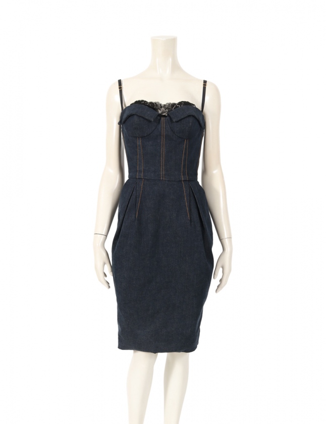 ドルチェ ガッバーナ ドルガバ Dolce Gabbana ワンピース デニム ネイビー 38 ノースリーブ ひざ丈 タイト 無地 S コットン レディース 114 ベクトルパーク