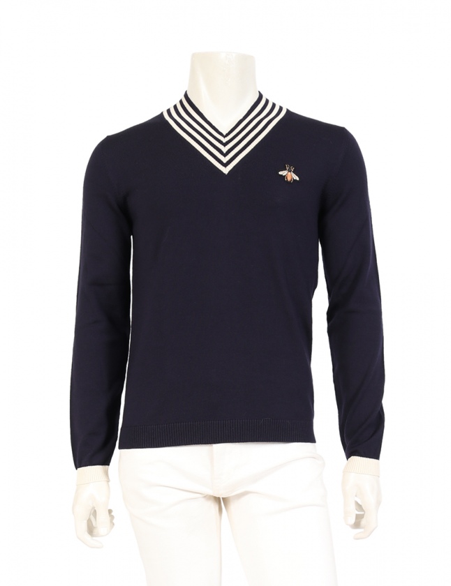 グッチ GUCCI セーター ビー ハチ Vネック ウールニット ネイビー S  
