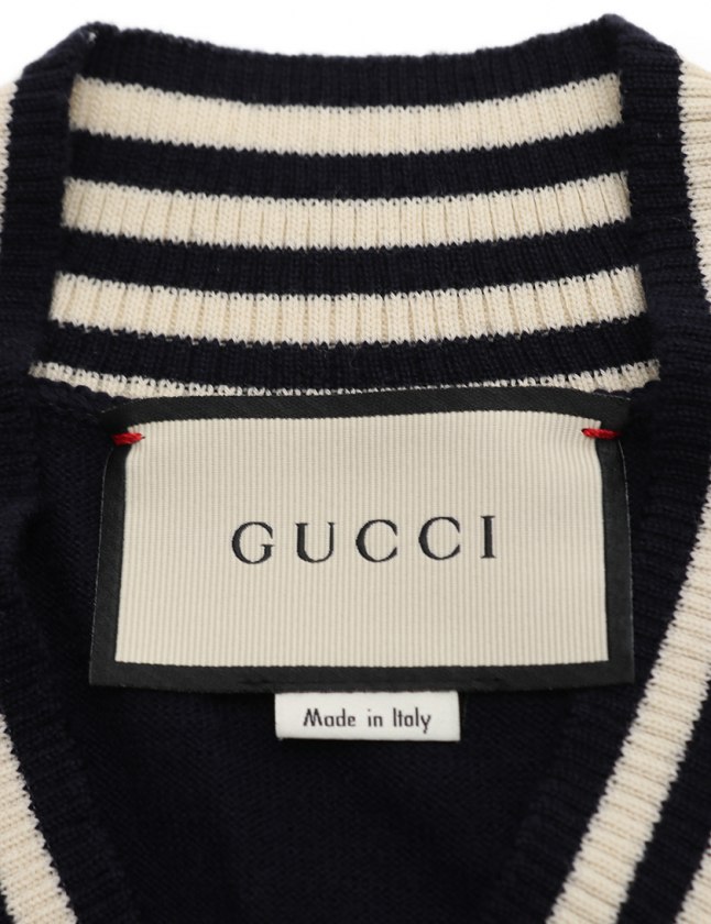 グッチ GUCCI セーター ビー ハチ Vネック ウールニット ネイビー S 