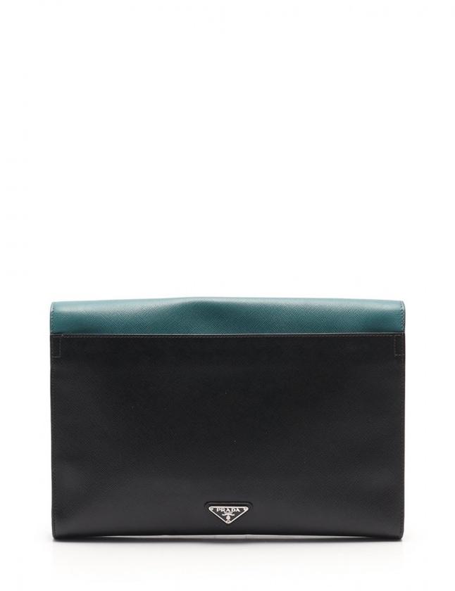 プラダ PRADA クラッチバッグ ブルーグリーン 黒 レザー バイ