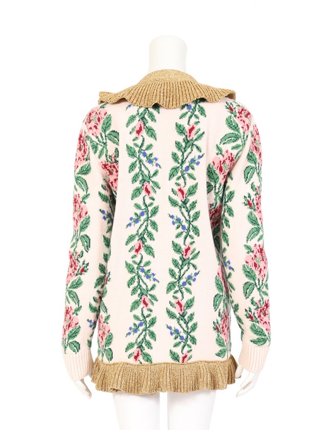 グッチ GUCCI カーディガン フローラル ラッフル ゴールド 白 ピンク S 