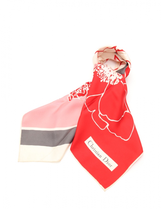 Christian Dior シルクスカーフ 赤 グレー
