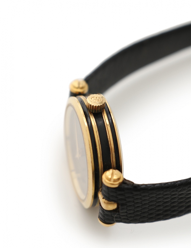 【GUCCI】グッチ ゴールド　ブレスレット　レディース 黒文字盤 腕時計 GUCCI グッチ レディース腕時計 QZ GP レザーベルト ゴールド