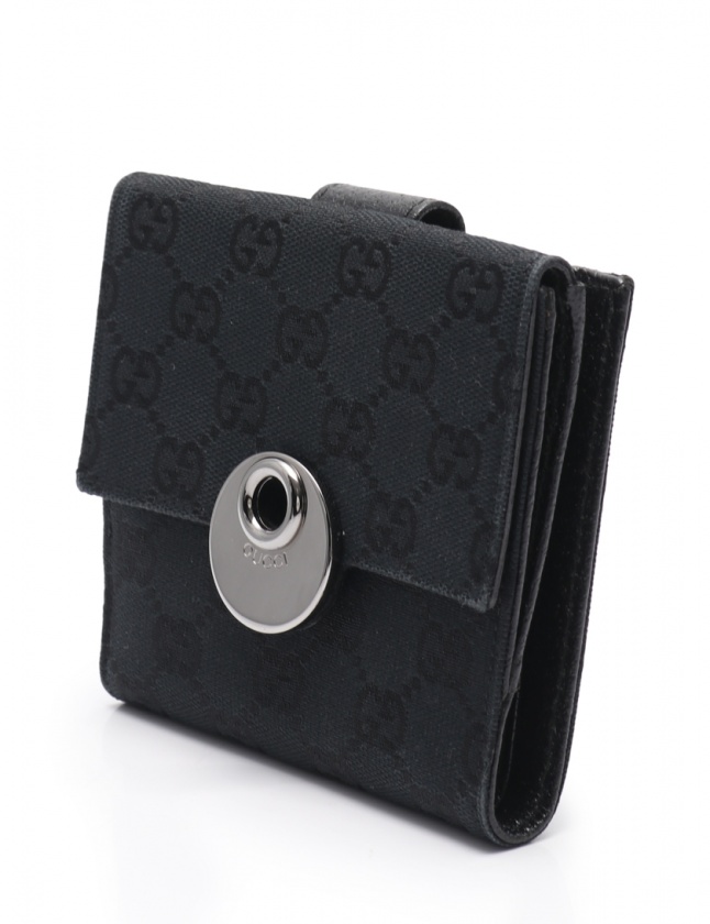 美品✨GUCCI Wホック 二つ折り財布 キャンバス GG ブラック 黒 グッチ GUCCI Wホック 二つ折り財布 GGキャンバス 黒 小物